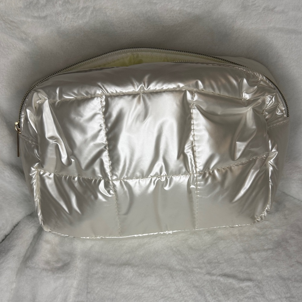 Sleek White Quilted Cosmetic Bag, NEW